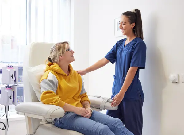 chemotherapy nurse and patient, chemotherapy department, Pan Artists, September 2022, Charlotte Kay, Chemotherapy staff nurse, Jessica Coombs